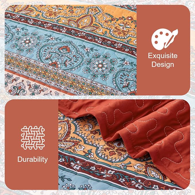 WONGS BEDDING Boho Quilt Queen Size,3 Pcs Bedspread Set, Burnt Orange | Colorful Bohemian Striped Printed Bedding for All Season, Lightweight Microfiber Coverlet Set with 2 Pillowcases(96"x90")