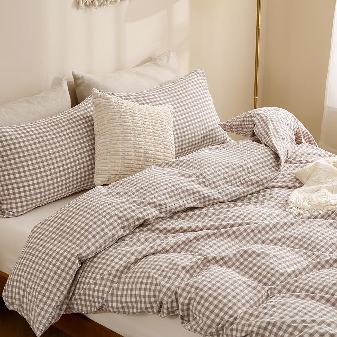TOCOMOA Tan Gingham Duvet Cover Bedding Set Washed Cotton Like Linen, Twin | 100% Washed Cotton Linen-Like Feel Soft, Breathable & Comfy. Fall Vintage Farmhouse Decor, Zipper & 8 Ties. 2 Pcs, No Insert