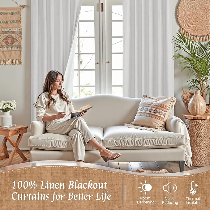 54 Inch Light Grey Linen Full Blackout Window Curtains for Bedroom | Thermal, Privacy Protected, Farmhouse Curtains, Rod Pocket Back Tab, Burlap Drapes, with White Liner, 2 Panels, 52 x 54 Inch