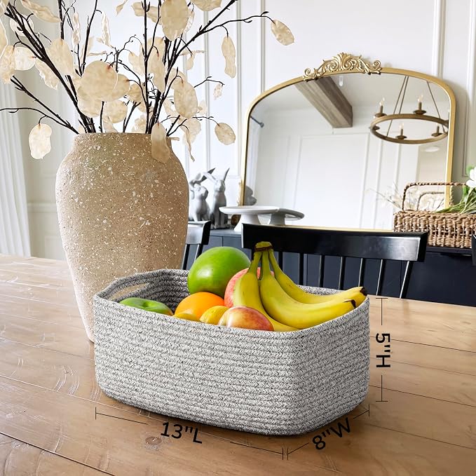 Goodpick 3-Pack Woven Storage Baskets for Closet,13 x 8 x 5 in | Woven Baskets for Closet Fit Bedroom Lving Room, Large Baskets for Gift Empty, Dog Toy Basket for Pets, White & Gray