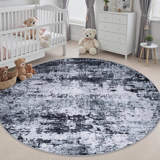 Round Area Rug Living Room: 4 ft Modern Washable Carpet Black | For Bedroom Dining Room Farmhouse Nursery Hallway Office,Modern Abstract,Machine washable,Non-Slip,Stain Resistant,Indoor