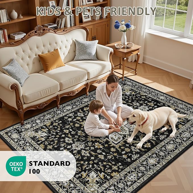 9x12 Area Rugs Living Room: Washable Rug for Bedroom Black Gold | Vintage No Slip Stain Resistant Rug Soft Indoor Decor Floor Floral Area Rugs for Dining Room, Nursery, Hallway, Home Office
