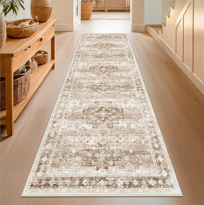 Beige Washable 2'6"x10' Extra Long Runner Rugs for Hallways, Non Slip Indoor Floor Mats for Entryway, Stain Resistant Long Floor Rug, Neutral Boho Floral Decor (2'6"x10' Beige/Latte)