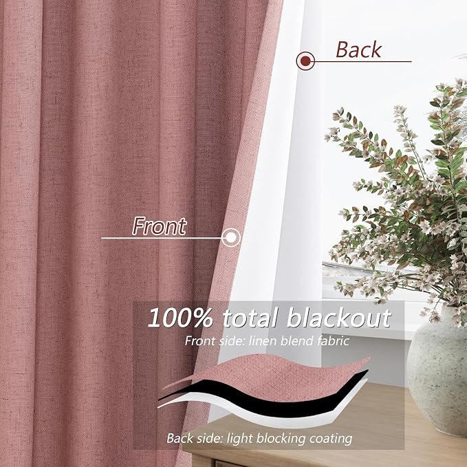 100% Blackout Curtains 90 Inch Length 2 Panels Set for Living Room Bedroom Back Tab Thermal Insulated Black Out Linen Drapes Room Darkening Window Curtains 90 Inches Long, Ash Rose