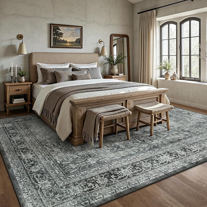 6x9 Area Rugs - Washable Vintage Retro Living Room Rug, Soft Ultra Thin Non Slip Low Pile Traditional Distressed Boho Carpet for Bedroom Dining Room Nursery Home Office, Black Grey