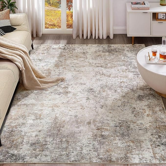 UERMEI 10x14 Area Rug Living Room Rugs Washable Neutral Brown Grey Carpet | Modern Abstract Non-Slip Soft Large Low Pile Floor Rugs for Bedroom Dining Room Home Office Indoor Decor