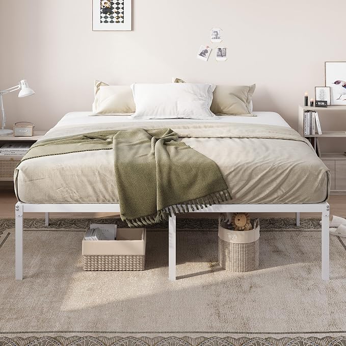 Allewie King Size Bed Frame, 18 Inch Metal Beds with Storage Space, White | Heavy-Duty Metal Platform Beds, Large Under-Bed Storage Space, No Box Spring Needed, Easy Assembly