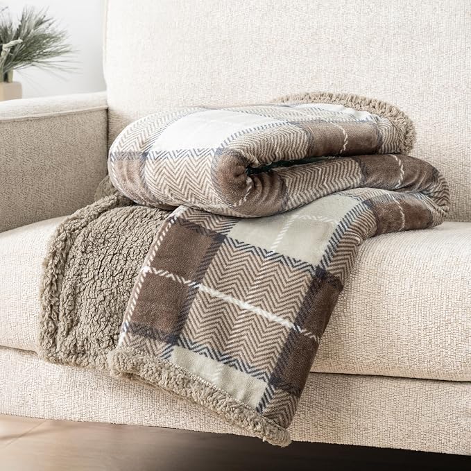 PAVILIA Twin Plaid Sherpa Throw Blanket for Couch Sofa Bed, Taupe, 60x80 | GSM 460; Soft Plush Flannel Fleece; Warm&Cozy for Home; Machine Washable, Perfect Cabin Decor Winter Holiday Christmas Gift