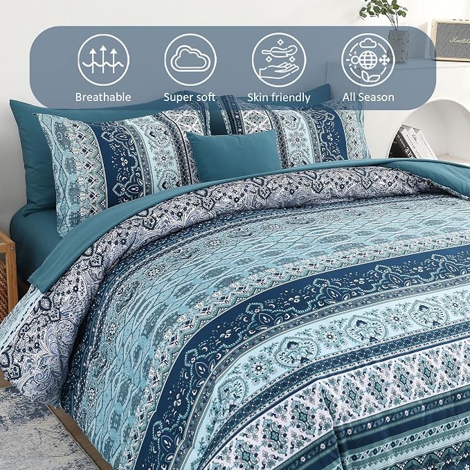 Cottolester Boho Blue Comforter Set Queen Size 8 Pieces,Teal Blue Comforter Bohemian Striped Bed in A Bag,Soft Microfiber Bedding Set for All Seasons