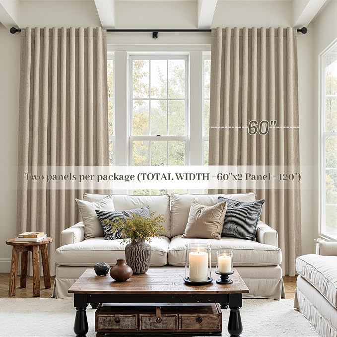 Extra Wide 60 Inch Blackout Curtains 96 Inches Long for Living Room, Rustic Boho Room Darkening Textured Linen Pleated Insulated Ceiling Track Large Window Drapes (60"W x 96"L 2 Panels Grey Beige)