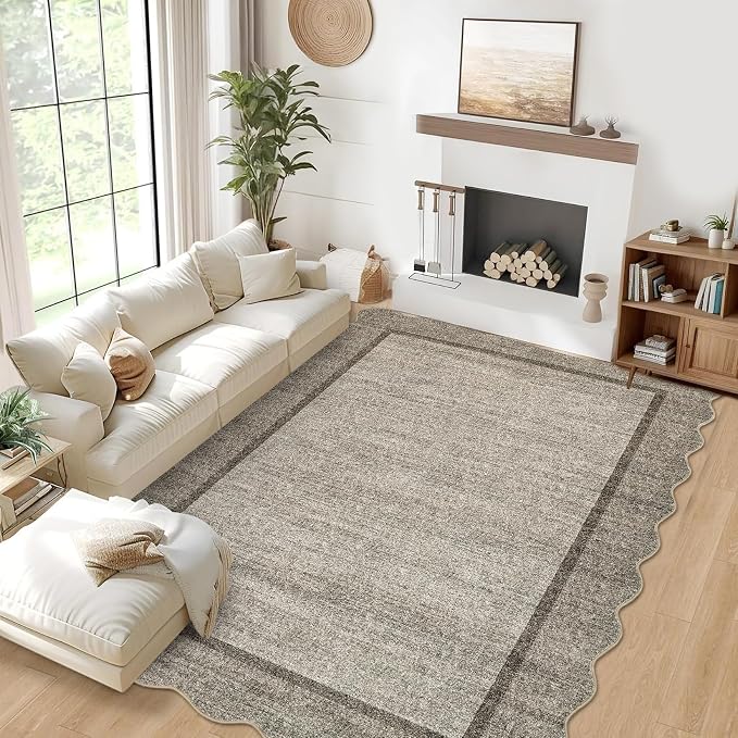 GarveeHome Scalloped Washable 9x12 Area Rug for Living Room Non Slip, Brown | Modern Bedroom Rug Large Area Rug Non Slip Throw Rugs Soft Low Pile Stain Resistant Carpet for Dorm Nursery Dining Room