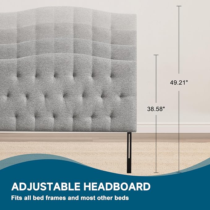 Tufted Upholstered Twin Headboard Only, Adjustable Heige 38-50 in, Gray | Twin Size Headboard for Dorm Bed, Durable Linen Fabric Headboards, Twin XL Headboard with Modern Diamon Design Wood