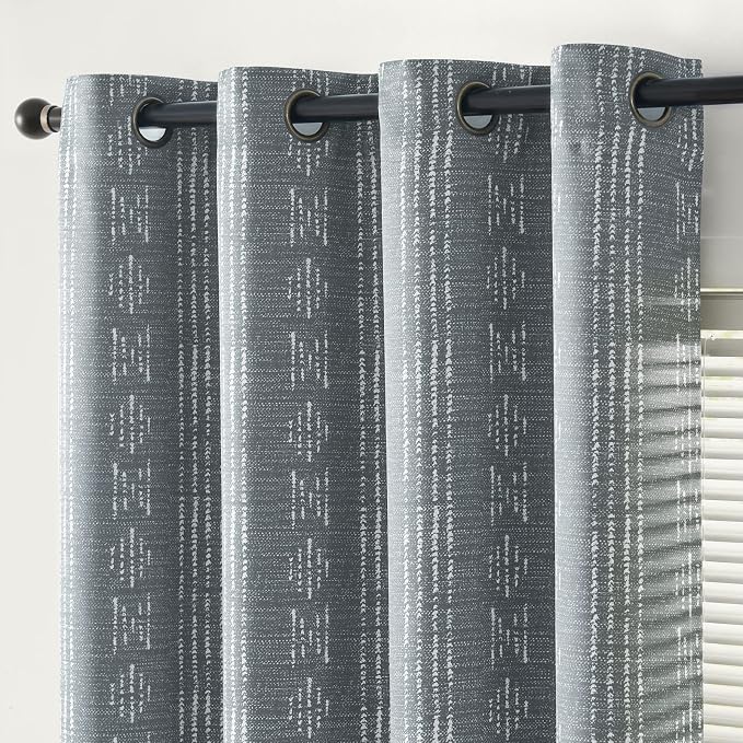 jinchan Boho Blackout Curtains 90 Inches Long for Bedroom Living Room | White on Grey Geometric Printed Grommet Curtains Room Darkening Thermal Insulated Window Treatments 2 Panels
