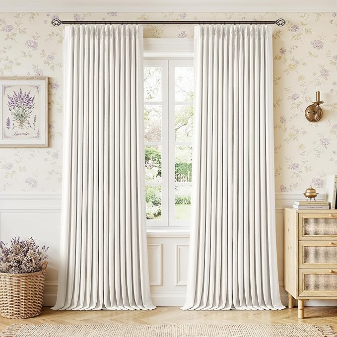112 Inch Pinch Pleated Blackout Linen Curtains for Bedroom Ivory White | Memory Trained, 100% Black Out, Soundproof Room Darkening, Cream White Window Curtains Double Layer, Pinch Pleat Drapes