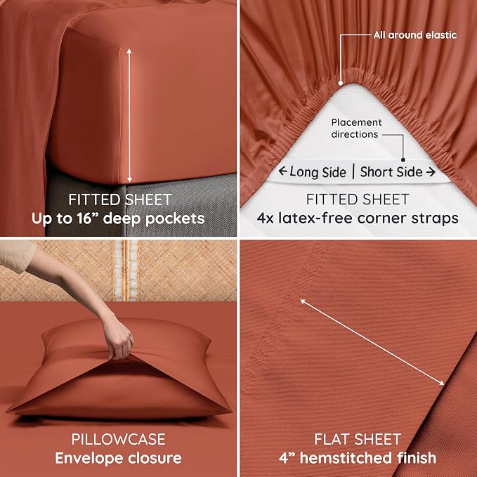Bambaw 100% Viscose Derived from Bamboo Sheets King Size Set – 4pcs Super Soft & Cooling Sheets, Luxury Sheet Set King Deep Pocket, Fits Up to 16'' Mattresses with Elastic Corner Straps (Terracotta)