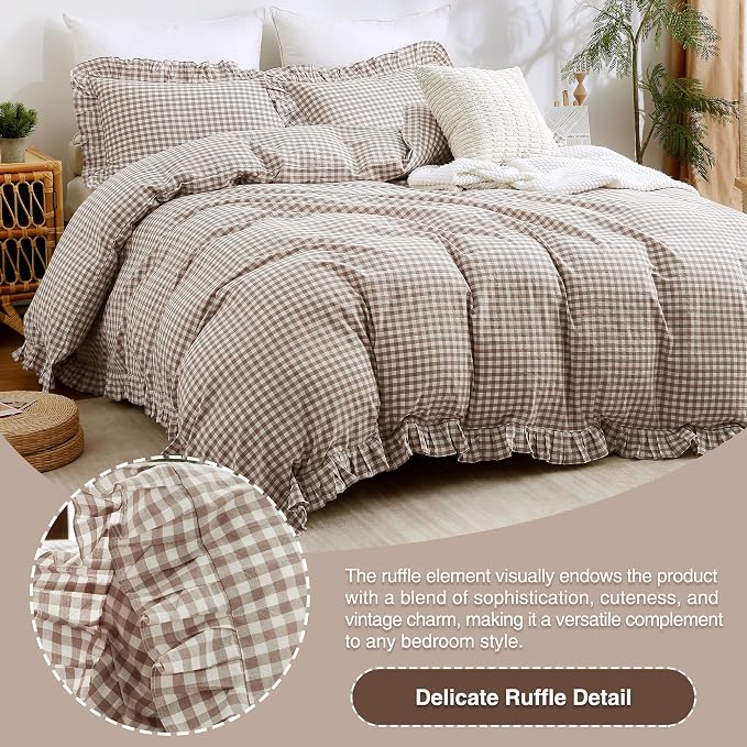 ATsense Tan Gingham Ruffle Duvet Cover Bedding Set Cotton Like Linen, Queen | 100% Washed Cotton Linen-Like Feel Soft, Breathable & Comfy. Fall Vintage Farmhouse Decor, Zipper & 8 Ties. 3 Pcs, No Insert