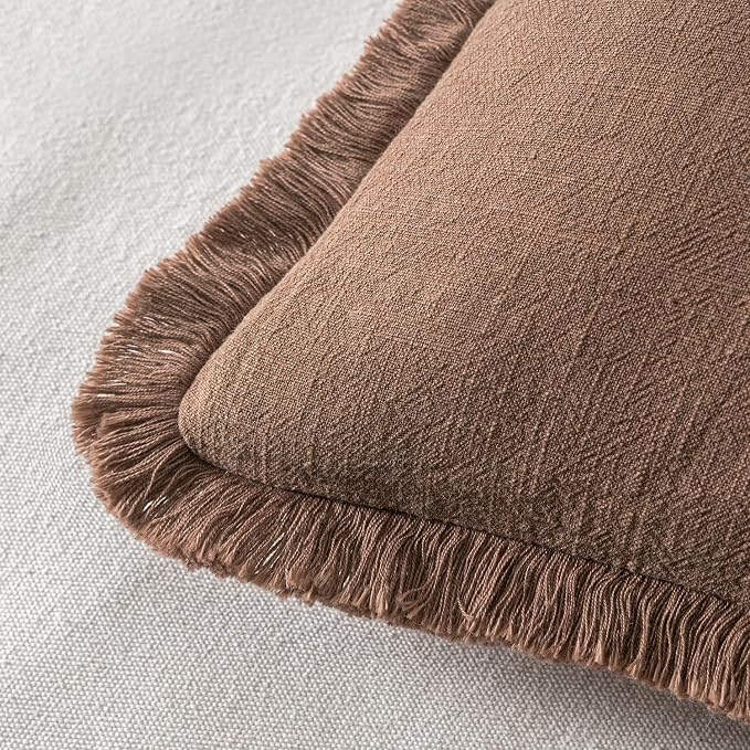MIULEE Linen Fringe Decorative Fall Euro Pillow Covers Dark Coffee 24x24 | Set of 2, Cottagecore Decor, Boho Farmhouse Neutral Throw Pillow Covers, Rustic Fall Couch Cushions for Sofa Bed Living Room