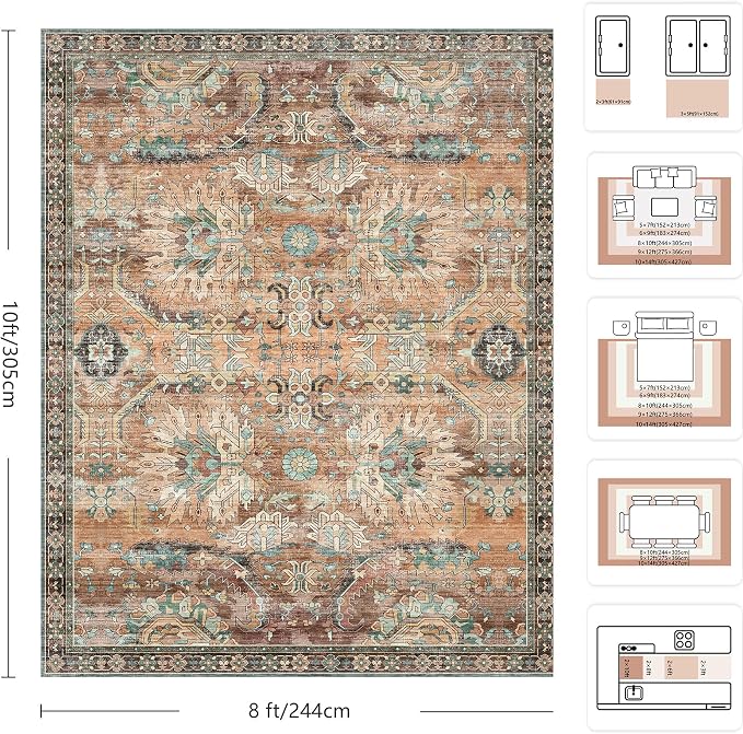 8x10 Area Rugs, Vintage Retro Soft Washable Rug, Non-Slip Low Pile Rugs for Living Room, Bedroom, Dining Room, Stain Resistant Home Decor Rug (Vintage Orange/Brick)