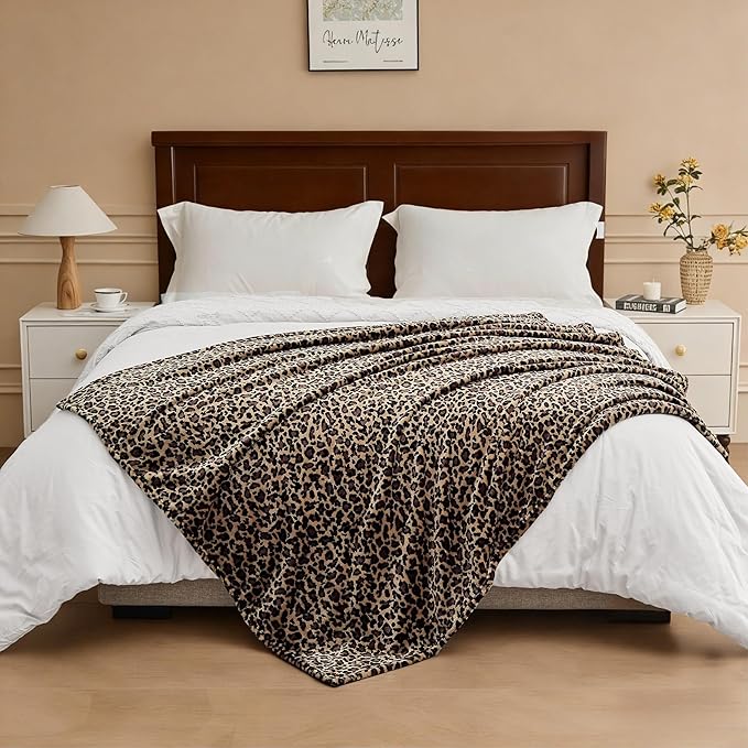 Edenleaf Leopard Print Blanket Fleece Throw for Bed Sofa Travel and Camping, Super Soft Cozy Fluffy Plush Cheetah Print Blanket for All Seasons 60"x80" (Mocha Brown)