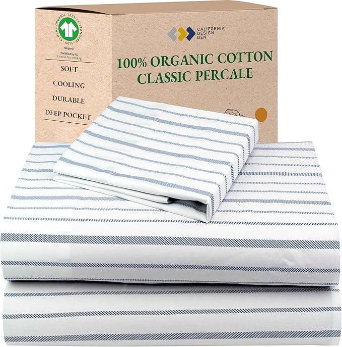 California Design Den 100% Organic Cotton Twin Size Bed Sheets Set, 3 Pc | GOTS Certified, Lightweight Crisp & Airy Percale For Hot Sleepers, All-around Elastic, Easy Care - Blue Stripe Print