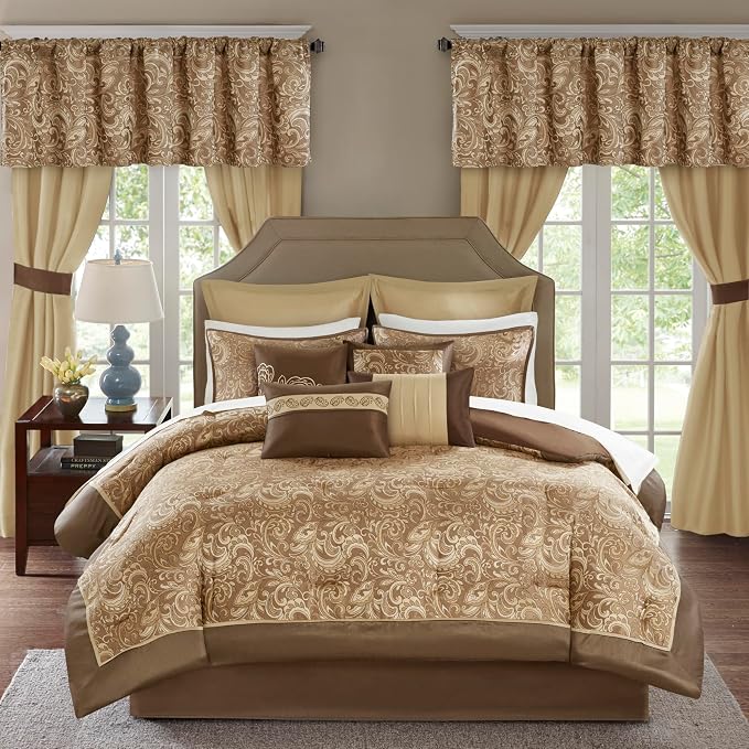 Madison Park Essentials Brystol 24 Piece Room in a Bag Faux Silk Comforter Jacquard Paisley Design Matching Curtains Down Alternative Hypoallergenic All Season Bedding-Set, Queen(90"x90"), Brown | Matching Curtains Room in a Bag, Down Alternative Beddi...