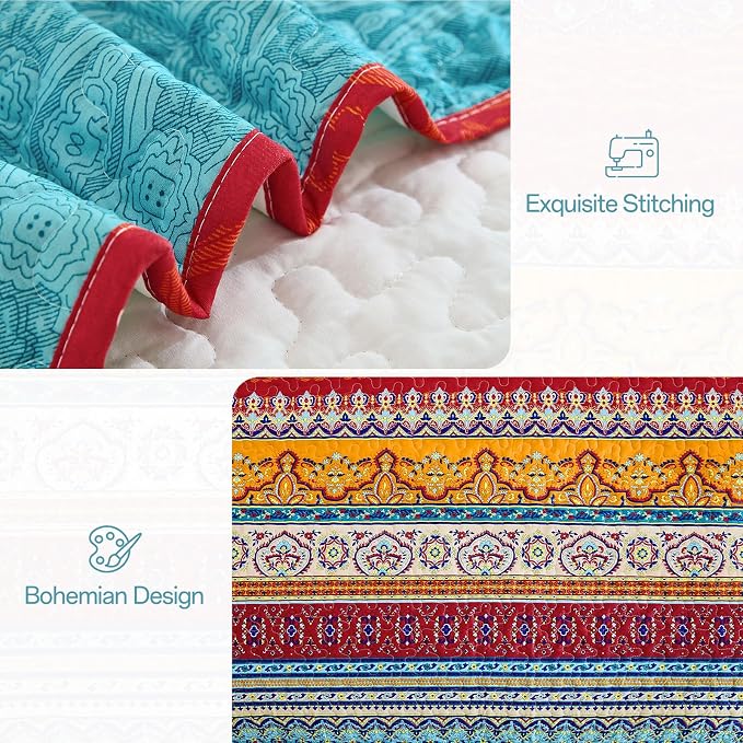 WONGS BEDDING Boho Quilt Calking Size,3 Pcs Bedding Set,Blue Beige | Colorful Bohemian Striped Printed Bedspread for All Season, Lightweight Microfiber Coverlet Set with 2 Pillowcases (106"x96")