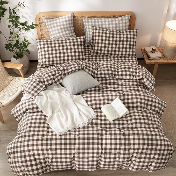 BESTOUCH Gingham Cotton Duvet Cover Set Cocoa Brown King | Washed Cotton, Linen Feel, Soft Wrinkle Texture, Hidden Zipper, 8 Ties, Breathable Lightweight Durable Comfy, 3 Pcs No Insert