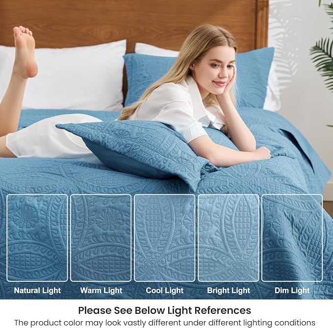 Love's cabin King Size Quilt Bedding Set Misty Blue Bedspreads - Bed Lightweight Bedspread Comforter - Coin Pattern Bedding Coverlet for All Season - 3 Pieces (1 Quilt, 2 Pillow Shams)