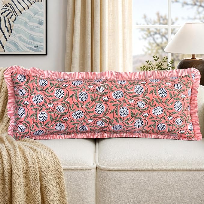 Ridhi Block Print Dark Salmon Pink Ruffle Lumbar Pillow Shams, 36" x 14" | 100% cotton, Floral Pillowcase, Cushion Cover, Hidden Zipper, Cottagecore Bedding, farmhouse boho style, fits couch, sofa,Bed