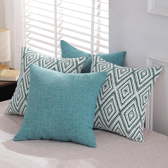 HPUK Throw Pillow Covers 18x18, Set of 4, Aqua Blue Couch Pillow Covers | Polyester fabric, patterned and solid designs, hidden zippers, machine washable, for sofas and beds, inserts not included