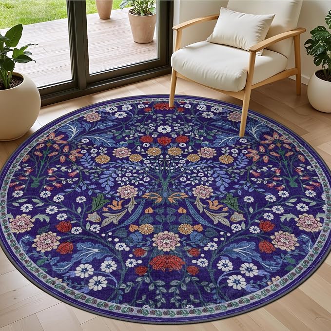PLHXFR Round Area Rug Living Room: 4 ft Floral Washable Soft Carpet Blue | For Bedroom Dining Room Farmhouse Nursery Hallway,Vintage Floral,Machine washable,Non Slip,Stain Resistant,Large Indoor