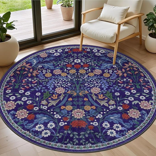 PLHXFR Round Area Rug Living Room: 4 ft Floral Washable Soft Carpet Blue | For Bedroom Dining Room Farmhouse Nursery Hallway,Vintage Floral,Machine washable,Non Slip,Stain Resistant,Large Indoor