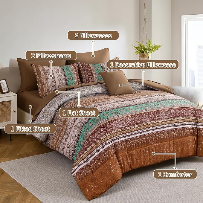 Cottolester Boho Queen Comforter Set 8 Pieces, Brown Bohemian Striped Bed in a Bag, Paisley Soft Microfiber Bedding Comforter Set