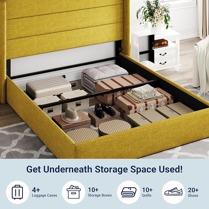 Allewie Queen Size Lift Up Hydraulic Storage Bed Frame Olive Yellow | Modern Wingback Headboard, Hydraulic Support Storage, No Box Spring Needed