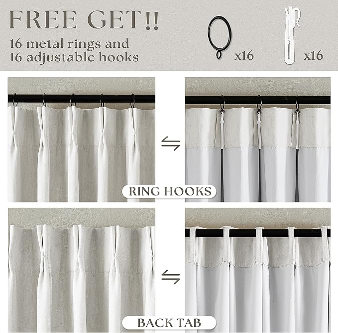 Off White Pinch Pleated 100% Blackout Curtains 102 Inches Long | Linen Blend Window Curtains with Dual Layer, for Bedroom Living Room, Thermal Insulated, Back Tab Pinch Pleat Drapes Ivory