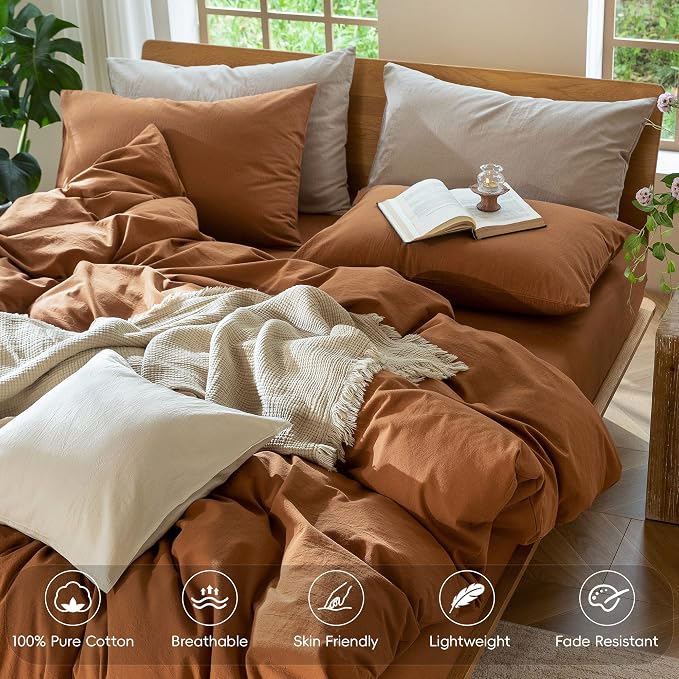 MooMee Duvet Cover Set 100% Washed Cotton Linen Like Super King | Relaxed Linen-like Texture. Soft, Breathable & Long-lasting Comfort. Lightweight. Hidden Zipper with 8 Interior Corner Ties