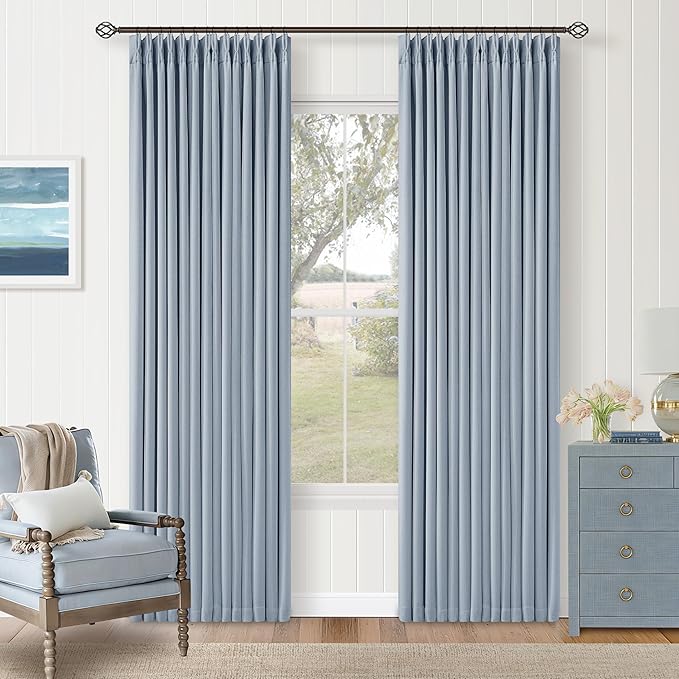 Pinch Pleated 100% Blackout Thick Linen Light Blue Curtains 84 Inches Long | Two Layer Baby Blue Curtains, Energy Efficient Thermal Insulated, Modern Drapes with Hooks Rings, for Living Room Bedroom