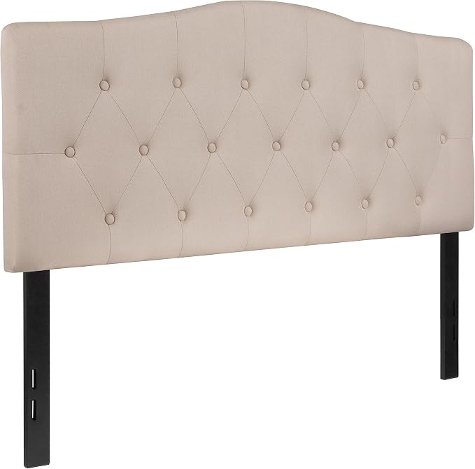 EMMA + OLIVER Beige Full Tufted Headboard | Adjustable Bed Rail Slots, Fabric Upholstered