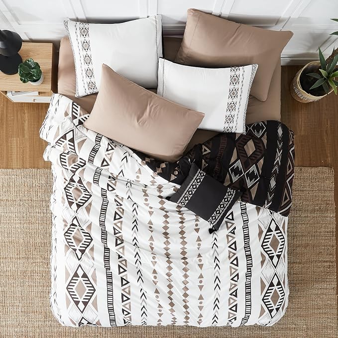 Oversized Queen Comforter Set - 7 Pieces Reversible Western Bedding Set | Boho Bedding, All Season Aztec Bed Set with Comforter, Sheets, Pillowcases & Shams, Brown