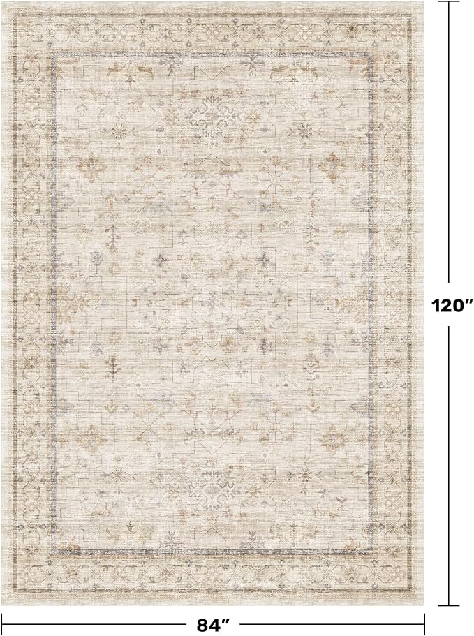 Farmhouse Rugs for Living Room 7x10, Low Pile Soft Retor Foldable Area Rug for Bedroom, Dining Room, Non Slip with Rubber Backing, Light Beige Vintage Home Décor, Geometric Floral Carpet
