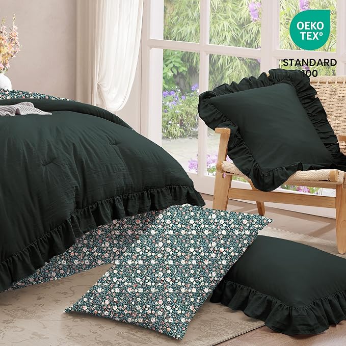 Oversized King Comforter Sets-7 Pieces Ruffle Bedding | Green Bed in a Bag, Soft Lightweight All Season Farmhouse King Size Bedding Sets with Floral Sheets, Pillowcases & Shams
