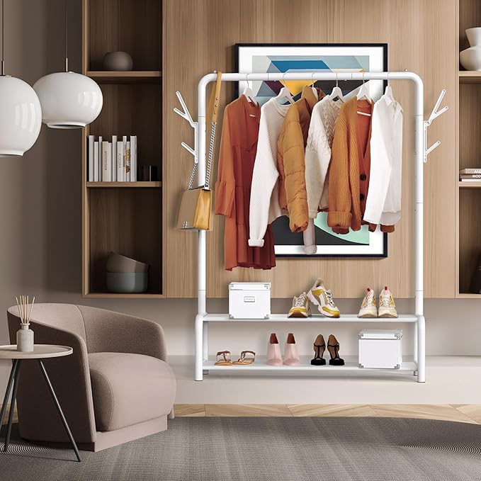 Simple Houseware 52" W Freestanding Closet Garment Rack with Shelves, White | With 600D Fabric Shelves, Hanger Stoppers, and Hooks for Coat & Hat