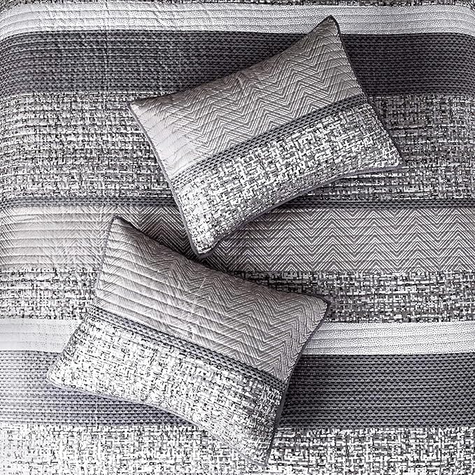 Madison Park Lustrous Jacquard Grey/Taupe Queen Quilt Set, 6pc | All Season Bedding Set, Glitter Accent Coverlet Set, Machine Washable, Cozy, Breathable, Soft, Modern, Casual