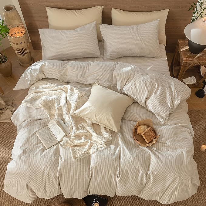 MooMee Striped Duvet Cover Set 100% Washed Cotton Linen Like | Relaxed Linen-like Texture. Soft, Breathable & Long-lasting Comfort. Lightweight. Hidden Zipper with 8 Interior Corner Ties