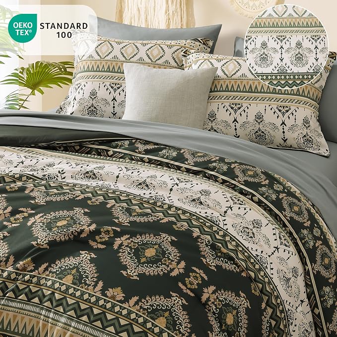 King Size Comforter Set - 7 Pieces Boho Bedding Set Aztec Bed in a Bag | Southwestern Bedding, All Season Tribal Bed Set with Comforter, Sheets, Pillowcases & Shams, Dark Green