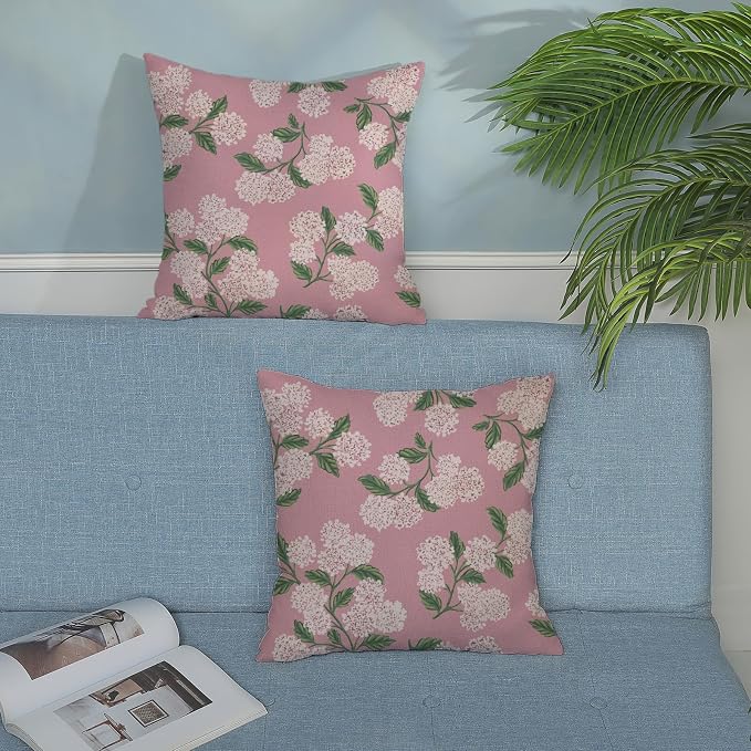 Pink Pillow Covers 18x18 Inch 2 Pcs Preppy Pink Green Hydrangea Flower Decor Throw Pillows Vintage Floral Seasonal Spring Summer Outdoor Decoration Pillowcase Linen Cushion Cover for Couch Sofa