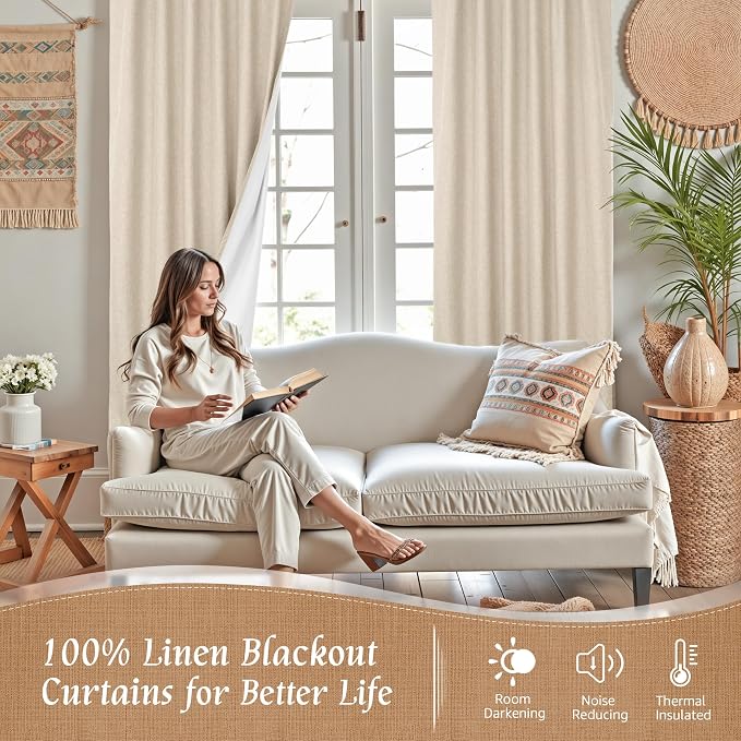 100% Blackout Short Linen Curtains 48 Inches Long, 2 Panels, Linen | Thermal Insulated, Kitchen, Curtains for Small Windows, Neutral Panels with White Liner, Rod Pocket Back Tab, 42 x 48 Inch