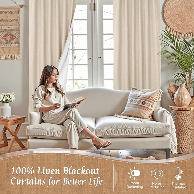 100% Blackout Linen Window Curtains for Bedroom 45 Inches, Linen | Thermal Insulated, Room Darkening, Farmhouse Curtains, Rod Pocket Back Tab Drapes, with White Liner, 2 Panels, 38 x 45 Inch