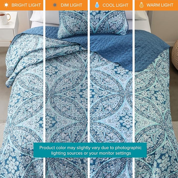 Comfort Spaces Gloria Boho Twin XL Quilt Set 2 Piece for Summer Aqua | Reversible Coverlet Bedspread, Soft All Season, Medallion Pattern, Winter Layer with Shams Modern Lightweight, Cozy Comfort