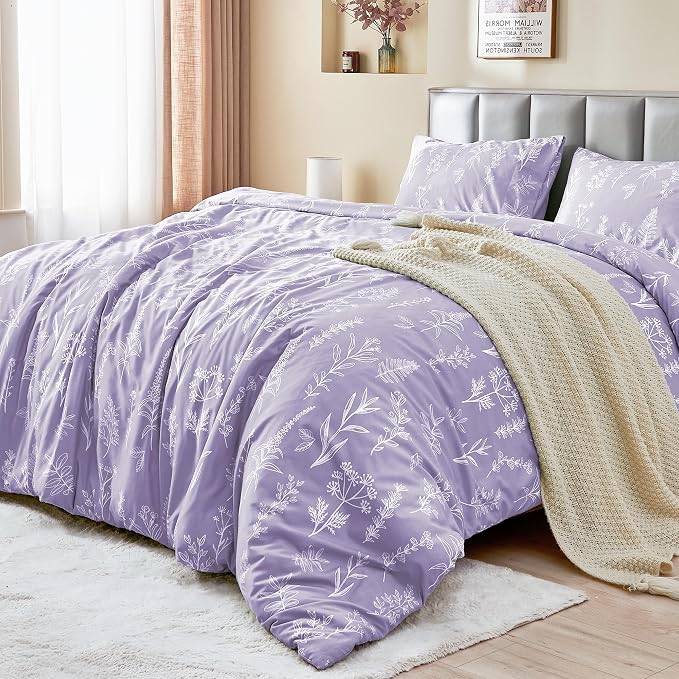 MUXHOMO Duvet Cover Full Size, Reversible Floral Lavender Duvet Cover Set with Zipper Closure, 3 Pieces Botanical Patterns Soft Microfiber Bedding Set with 4 Ties (80"x90", 2 Pillow Cases)